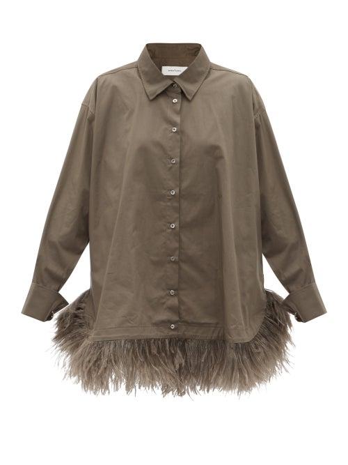 Matchesfashion.com Marques'almeida - Feather-trimmed Organic-cotton Shirt - Womens - Khaki