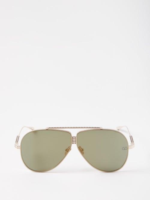 Valentino Eyewear - Xvi Aviator Titanium Sunglasses - Womens - Green Gold