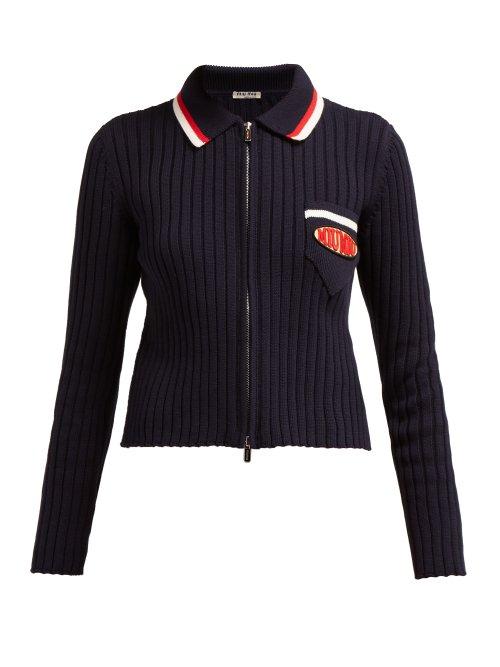 Matchesfashion.com Miu Miu - Logo Patch Ribbed Knit Cotton Zip Cardigan - Womens - Navy Multi