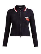Matchesfashion.com Miu Miu - Logo Patch Ribbed Knit Cotton Zip Cardigan - Womens - Navy Multi