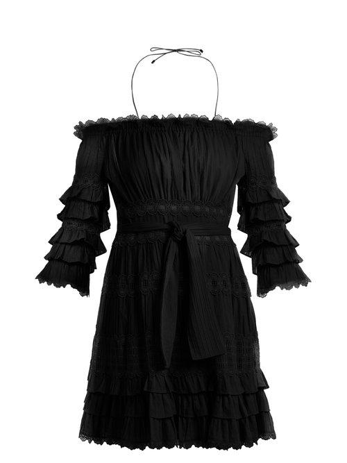 Matchesfashion.com Zimmermann - Corsair Off The Shoulder Ruffled Cotton Dress - Womens - Black