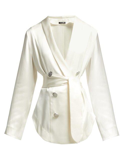 Matchesfashion.com Balmain - Double Breasted Waist Tie Silk Blouse - Womens - White