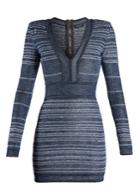 Balmain V-neck Striped Stretch-knit Mini Dress