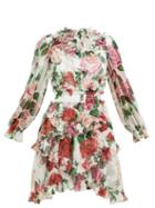 Matchesfashion.com Dolce & Gabbana - Rose Print Silk Chiffon Ruffled Mini Dress - Womens - White Multi