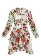 Matchesfashion.com Dolce & Gabbana - Rose Print Silk Chiffon Ruffled Mini Dress - Womens - White Multi