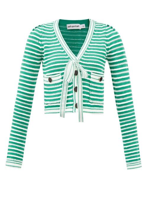 Self-portrait - Patch-pocket Ribbed Cotton-blend Cardigan - Womens - Green Multi