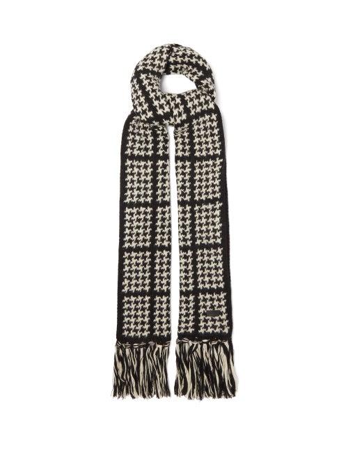 Saint Laurent - Logo-plaque Houndstooth-check Wool-blend Scarf - Womens - Black White
