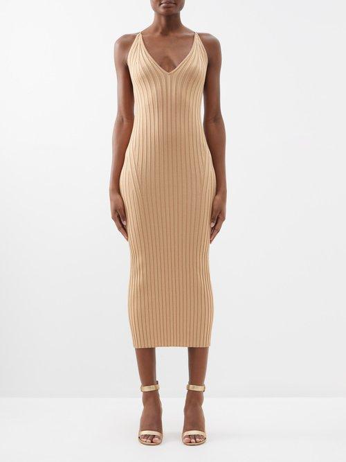Galvan - Rhea Ribbed Metallic-knit Midi Dress - Womens - Beige Gold