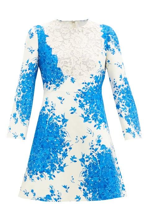 Matchesfashion.com Valentino - Delft-print Wool-blend Mini Dress - Womens - Blue White