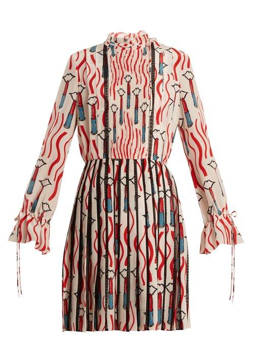 Matchesfashion.com Valentino - Lipstick Print Lace Trimmed Silk Dress - Womens - White Print