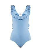 Matchesfashion.com Fendi - Ruffle Trimmed Swimsuit - Womens - Light Blue