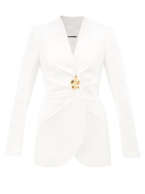 Jil Sander - Foliage-brooch Gathered-crepe Suit Jacket - Womens - White