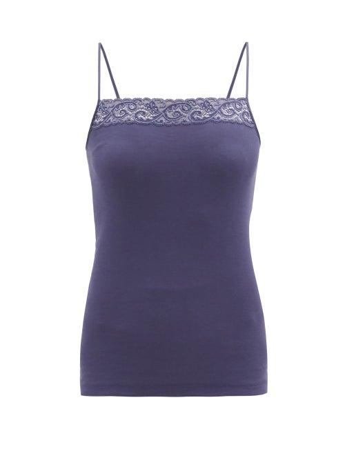 Ladies Lingerie Hanro - Moments Lace-trimmed Cotton-jersey Cami Top - Womens - Dark Blue