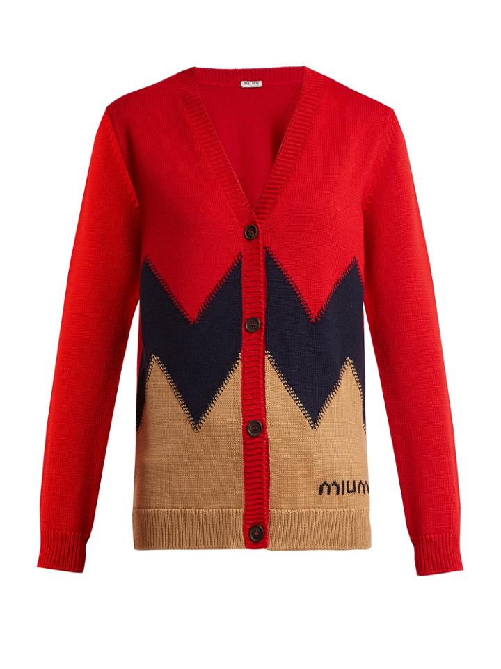 Miu Miu Chevron-knit Long-sleeved Wool Cardigan