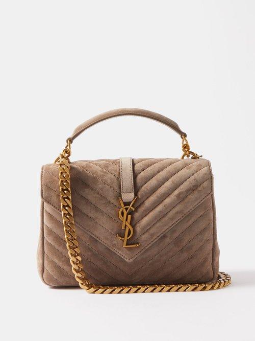 Saint Laurent - College Medium Ysl-logo Quilted Suede Shoulder Bag - Womens - Beige