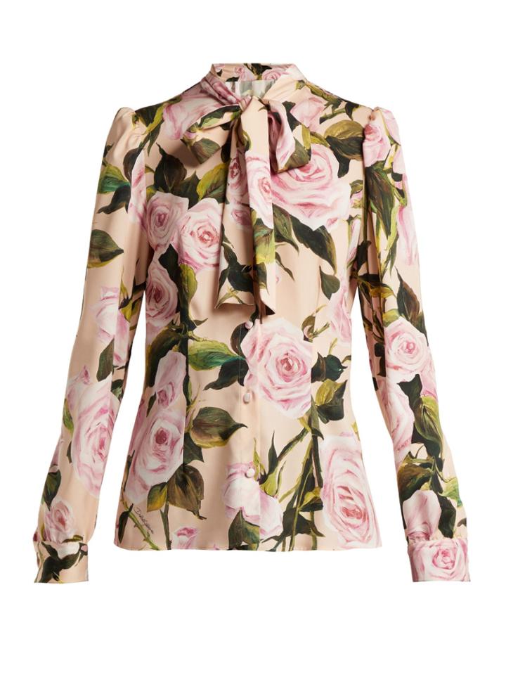Dolce & Gabbana Floral-print Silk-charmeuse Pussy-bow Blouse