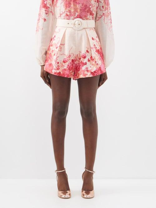 Zimmermann - High Tide Floral-print Linen Shorts - Womens - Pink Print