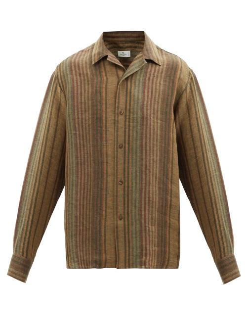 Etro - Striped Linen Shirt - Mens - Brown