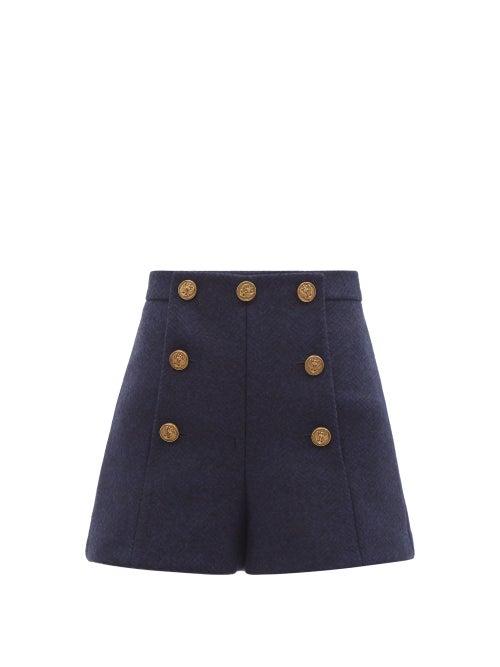 Ladies Rtw Redvalentino - High-rise Wool-herringbone Shorts - Womens - Navy
