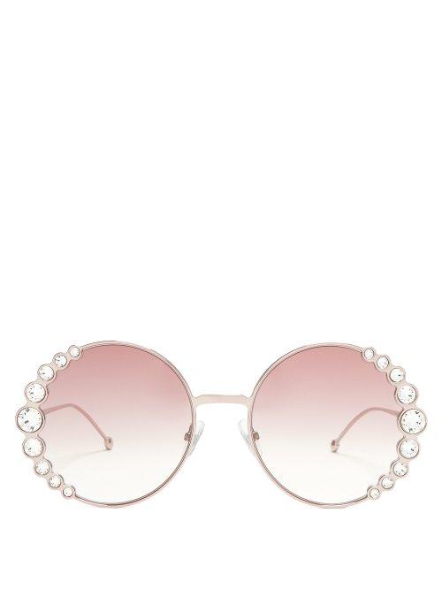 Matchesfashion.com Fendi - Crystal Embellished Round Frame Sunglasses - Womens - Pink