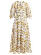 Matchesfashion.com Gl Hrgel - Floral Print Ruffle Linen Midi Dress - Womens - White Print