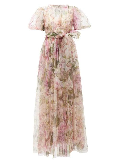 Matchesfashion.com Dolce & Gabbana - Peony-print Fuff-sleeve Tulle Gown - Womens - Pink Print