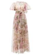 Matchesfashion.com Dolce & Gabbana - Peony-print Fuff-sleeve Tulle Gown - Womens - Pink Print