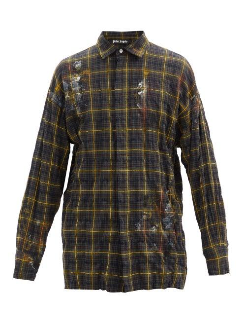 Matchesfashion.com Palm Angels - Paint-smudged Check Cotton-blend Shirt - Mens - Green