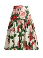 Matchesfashion.com Dolce & Gabbana - Rose Print Cotton Poplin Midi Skirt - Womens - White Multi