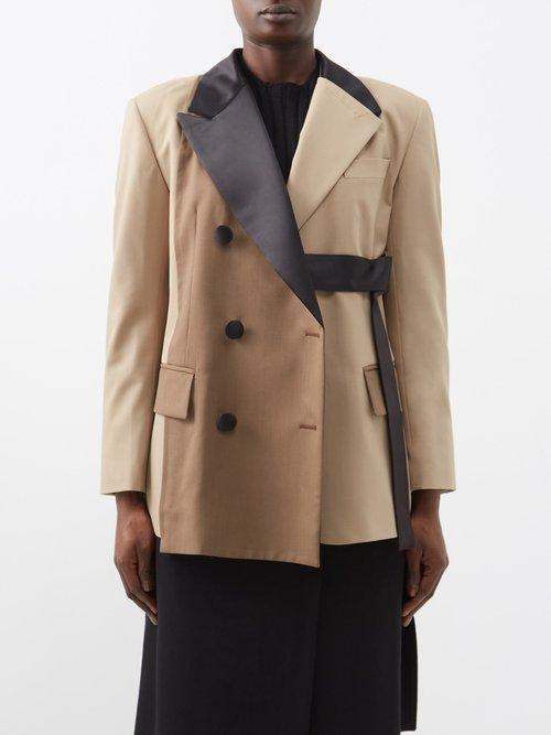 Sacai - Colour-block Belted Wool-blend Coat - Womens - Beige