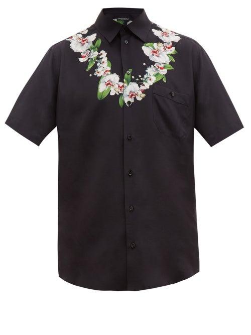 Matchesfashion.com Dolce & Gabbana - Orchid Wreath Print Technical Poplin Shirt - Mens - Black