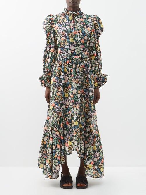 Horror Vacui - Mafalda High-neck Floral-print Cotton Dress - Womens - Black Multi