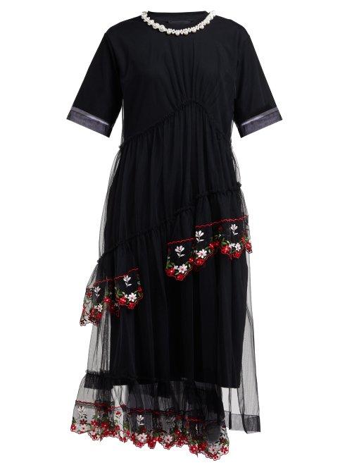 Matchesfashion.com Simone Rocha - Floral Embroidered Cotton And Tulle Midi Dress - Womens - Black