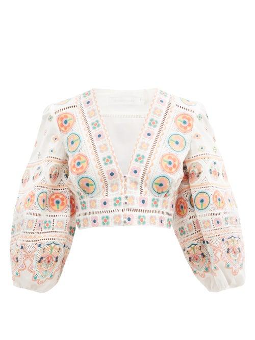 Matchesfashion.com Zimmermann - Brighton Embroidered Cotton-poplin Crop Top - Womens - Orange Print