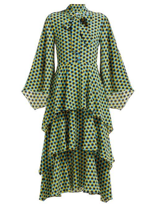 Matchesfashion.com Osman - Henra Star Print Silk Crepe Tiered Midi Dress - Womens - Green Print