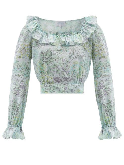 Ladies Rtw Luisa Beccaria - Gathered Floral-print Cotton-voile Crop Top - Womens - Blue Print