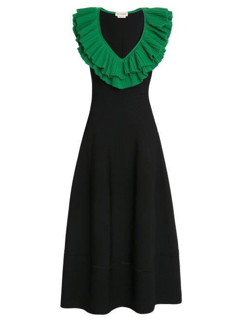 Alexander Mcqueen - Flounced Plunge-neck Jersey Dress - Womens - Black Green