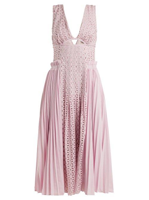Matchesfashion.com Self-portrait - Broderie Anglaise And Pleated Panel Midi Dress - Womens - Light Pink