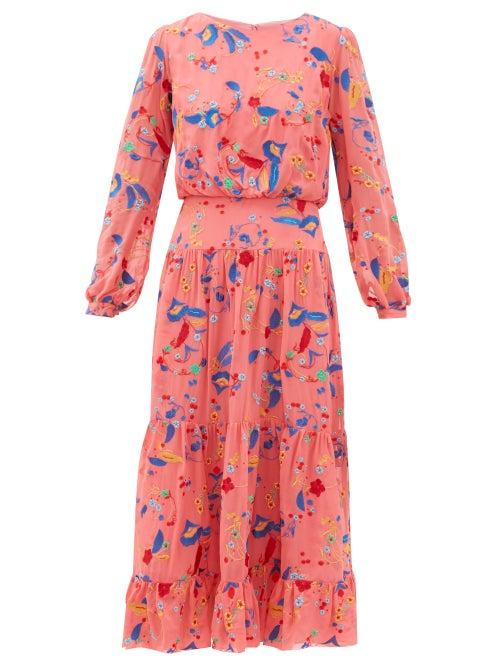 Matchesfashion.com Saloni - Isabel Floral Embroidered Silk Midi Dress - Womens - Pink Multi