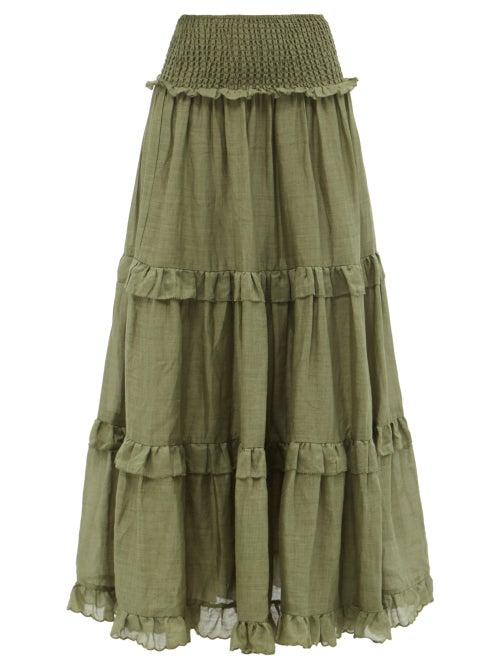 Ale Mais - Halcyon Shirred Ramie Midi Skirt - Womens - Khaki