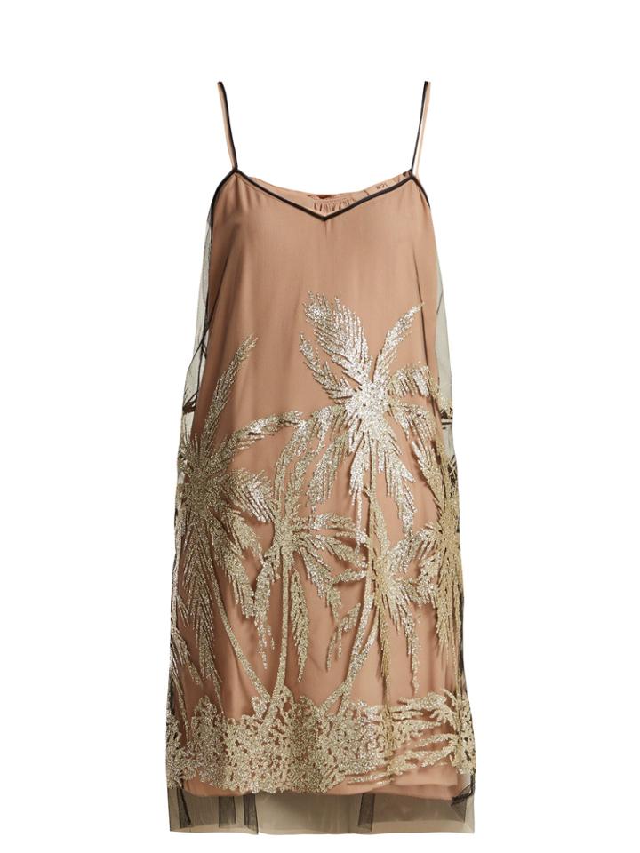 No. 21 Glitter-embellished Palm Tree Tulle Slip Dress
