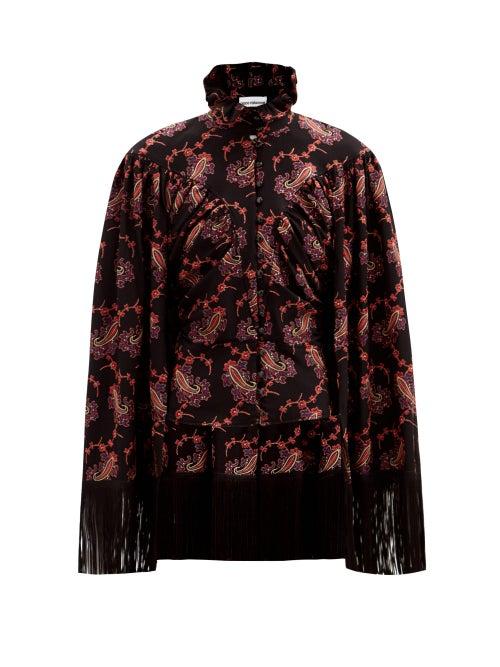 Matchesfashion.com Paco Rabanne - Cape-back Fringed Paisley-embroidered Twill Top - Womens - Black Print
