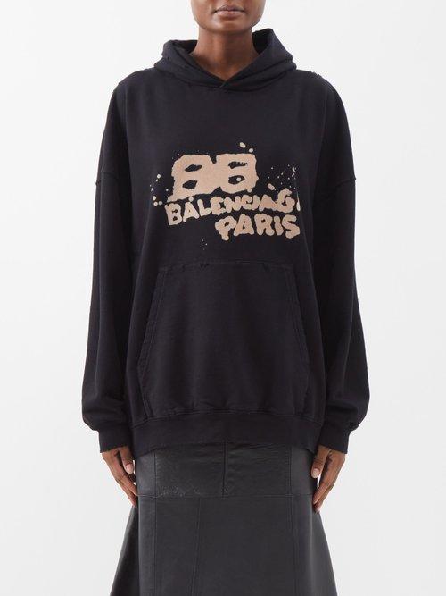 Balenciaga - Bb-logo Distressed Cotton-jersey Hoodie - Womens - Black Multi