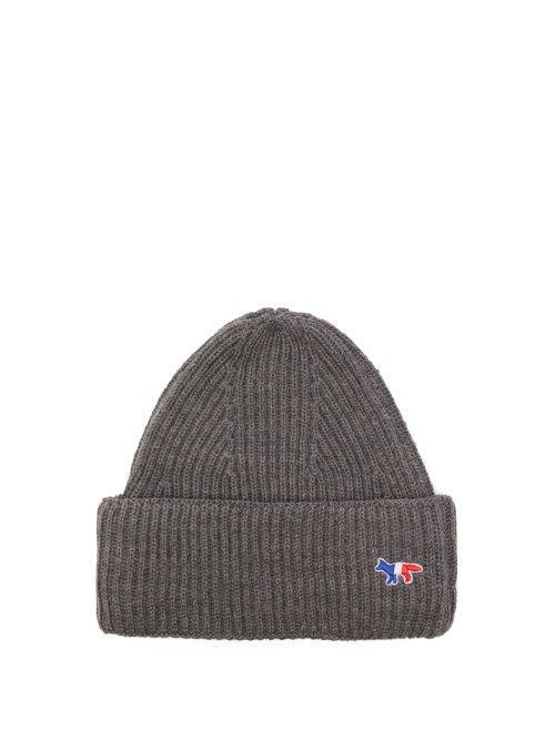 Matchesfashion.com Maison Kitsun - Logo Embellished Ribbed Knit Wool Beanie Hat - Mens - Grey