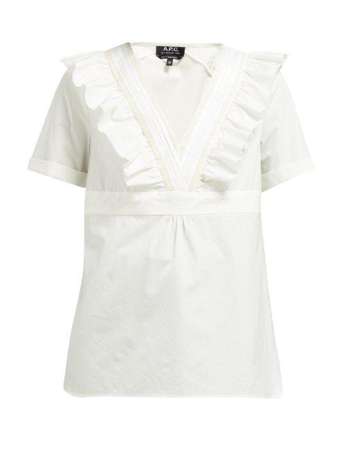 Matchesfashion.com A.p.c. - Erwin Ruffled V Neck Cotton Top - Womens - White