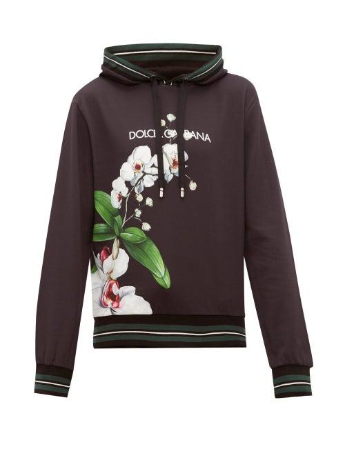 Matchesfashion.com Dolce & Gabbana - Orchid Print Logo Cotton Hooded Sweatshirt - Mens - Black