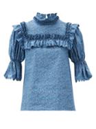 Matchesfashion.com Horror Vacui - Lucy Ruffle-bib Floral-print Cotton Blouse - Womens - Blue