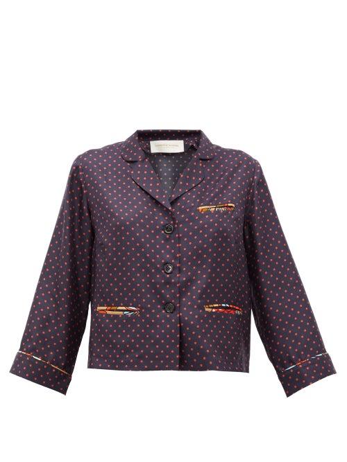Matchesfashion.com La Prestic Ouiston - Marine Polka-dot Silk-twill Blouse - Womens - Navy Multi