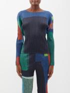 Pleats Please Issey Miyake - Colour-block Printed Technical-pleated Top - Womens - Blue