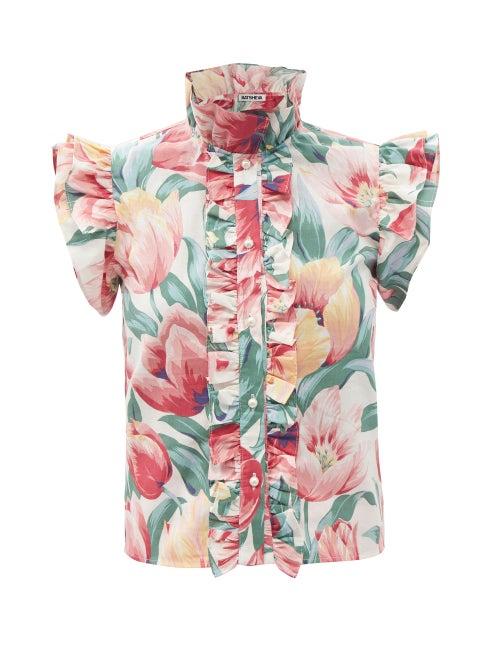 Ladies Rtw Batsheva - Claude Ruffled Tulip-print Cotton-canvas Top - Womens - Red Multi